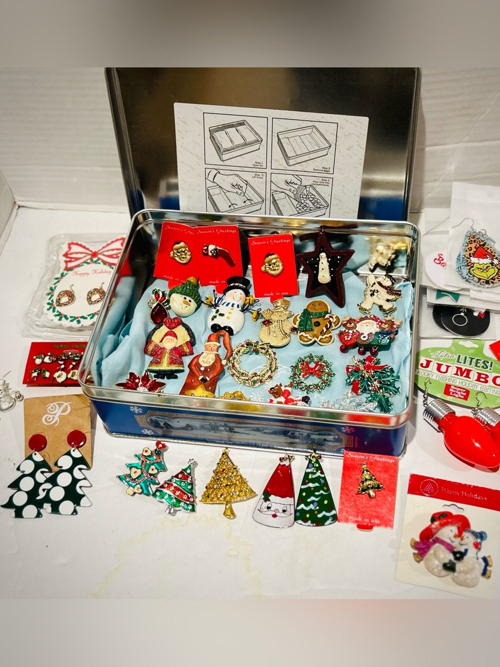 Christmas Jewelry Lot (20-plus) + Collectible Tin - Santa Wreath Snowman Tree
